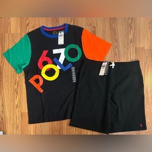 Polo Ralph Lauren Boy’s Logo Color blocked Cotton Jersey Tee + Black Shorts, XL